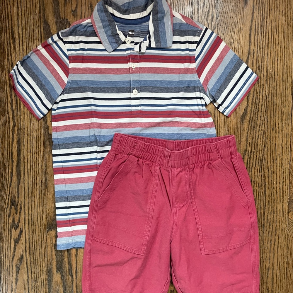 Tea Collection Navy, Red, and White Striped Shirt and Red short set